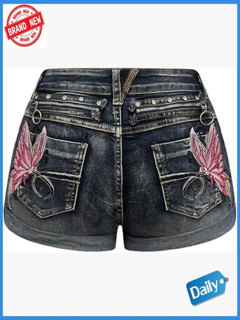 Embroidered Punk Denim Shorts Y2k Distressed Low Rise Skinny Jean Shorts